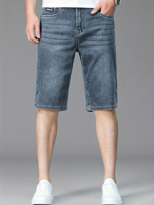 Men's Slim-Fit Denim Shorts - Casual Business Style, Mid-Waist, Stretch Fabric, Knee-Length with Pockets