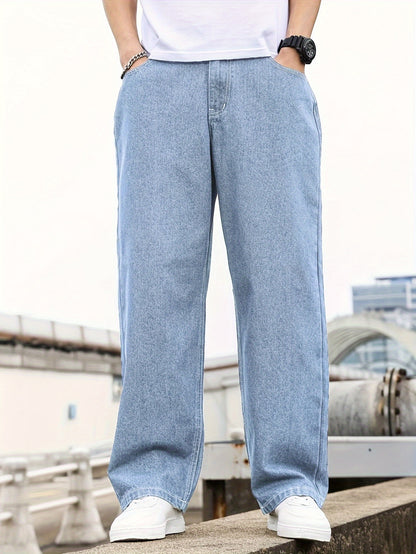 Men'S Loose-Fit Jeans, Cotton Blend Street Style Denim Pants, Non-Stretch Solid Color, Regular Length, with Multiple Pockets for All-Season Wear
