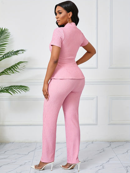 Women's Elegant Casual Solid Color Textured Pants Set