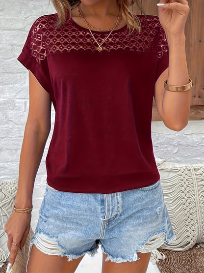 Women'S Chic Lace Trim Round Neck Short Sleeve T-Shirt - Loose Fit, Breathable Summer Top with Contrast Lace Detail, White, Casual Wear, Casual Summer Top | Lace Trim Top | Delicate Lace Detail