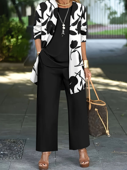 Women'S 3pcs Set, Floral Print Cardigan with Solid Color Cami and Wide-Leg Pants Casual Outfit