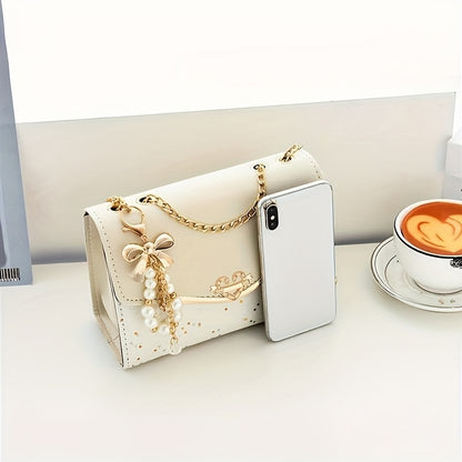 Elegant Bohemian Beige Crossbody Bag with Tassel Charm - Chic Urban Flap Shoulder Bag with Golden Chain Strap, Lightweight & Portable for Shopping, Office, College, Travel - Perfect Gift for Women, Occasion Theme, Valentine'S