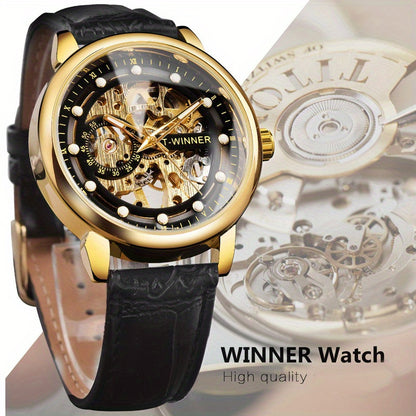 Men'S Luxury Mechanical Skeleton Watch with Golden-Tone Alloy Case & Faux Leather Strap - Mechanical Hand-Wind, World Time, Date Display, Elegant Fashion Accessory for Casual Attire, Mechanical Watch, Sophisticated Design, In