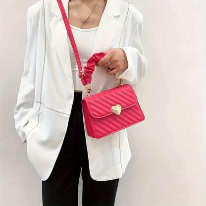 Women'S Fashion Shoulder Bag, Korean Version, Faux Leather, Quilted Solid Color, Heart Accent, Removable Strap, Magnetic Closure, Synthetic Faux Leather Lining, Painted Edges, Versatile Crossbody Purse - Available in Black, R