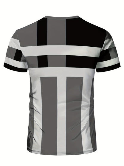 Striped Patchwork Design Pattern Print, Men'S Sports Fashion, Geometric Print High Elasticity Tight Fit Short Sleeved Round Neck T-Shirt, Summer Fitness, Training And Fitness Wear Quick Drying Sports Top with Coolness