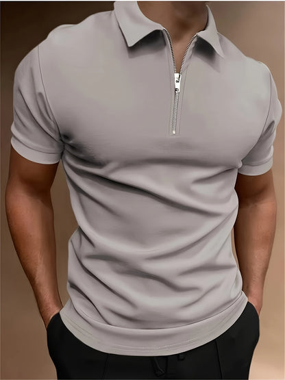Casual Stretch Men's Solid Color Zipper Lapel Golf Shirt, Male Summer Streetwear