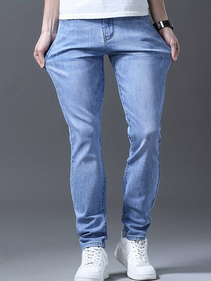Men's Slim-Fit Stretch Denim Jeans - Light Blue, Versatile for All Seasons