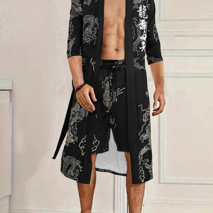 Men'S Dragon Dance Square Dragon Print Robe and Shorts Set - Casual V-Neck, Non-Stretch Polyester Home Wear with Belt Detail, Regular Fit