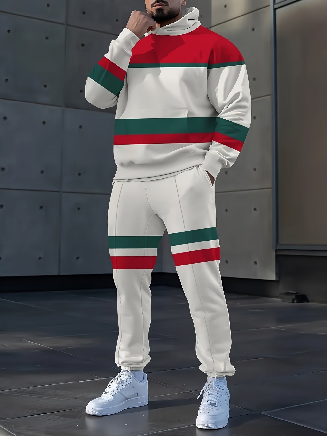 Men's Casual Digital Print Hoodie & Sweatpants Set - Polyester, Machine Washable, Perfect for Spring/Fall Outings