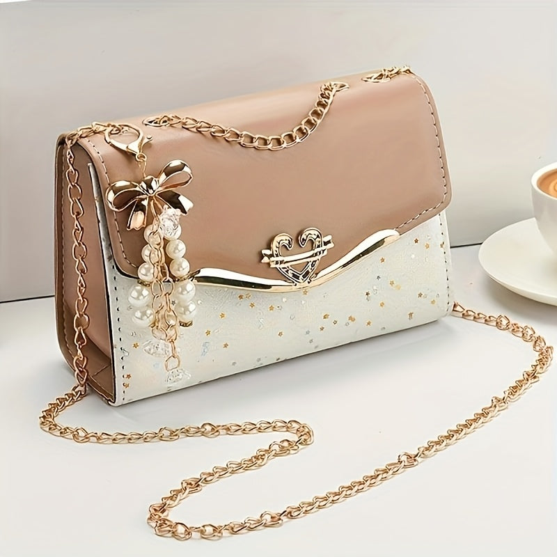 Elegant Bohemian Beige Crossbody Bag with Tassel Charm - Chic Urban Flap Shoulder Bag with Golden Chain Strap, Lightweight & Portable for Shopping, Office, College, Travel - Perfect Gift for Women, Occasion Theme, Valentine'S