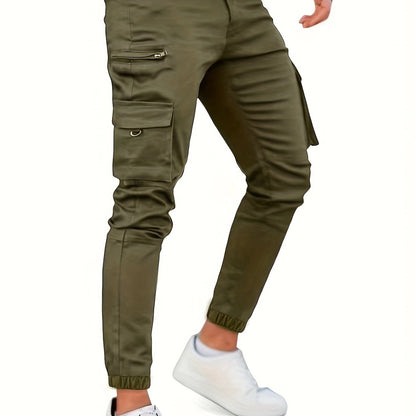 Men's Solid Color Multi-pocket Cargo Pants With Drawstrings, Casual Stylish Sports Trousers As Gift