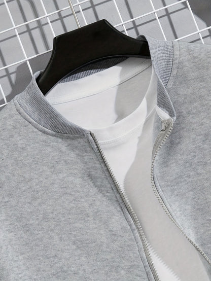 Men'S Casual Polyester Sweatsuit Set with Baseball Collar and Slight Stretch - Solid Color Long Sleeve Knit Fabric Track Suit for Fall/Winter