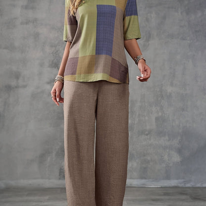 Elegant Patchwork Women'S Fashion Suit - Short Sleeve, Crew Neck, Polyester, Spring/Summer Collection, Casual Attire|Modern Casualwear|Polyester Fabric