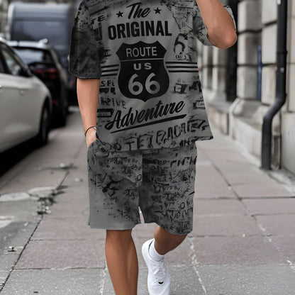 Men's Printed Short Sleeve T-shirt + Shorts Set Casual Sports Suit Breathable Outdoor Leisure Men's T-Shirt Five-Pants Set Summer 3D Printing Set Adult Male