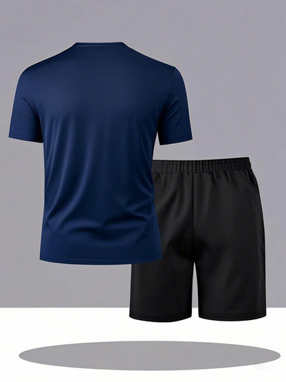 ADIDA Letter Set Short Sleeve + Shorts Two-Piece Men's Fashion Casual Round Neck T-Shirt Outfit, European Style Trendy Short Sleeve Set