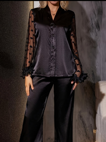Women'S 3D Lace Heart Mesh Wooden Flower Cuff Long Sleeve Pajama Set with Ruffle Hem, Solid Color, All-Season Comfort, Long Length Pants, Spaghetti Strap Collar, Placket Closure