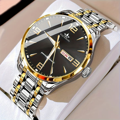 1pc New FOURRON Men's Stainless Steel Strap Quartz Watch - Large HD Scratch Resistant and Wear-Resistant Dial, IPX7 Waterproof, Luminous, Date & Calendar Function, Silent Movement, Stylish Gift for Him