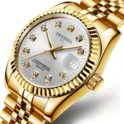 DEDIMA Elegant Stainless Steel Band Calendar Watch, Quartz Movement, Round Dial with Rhinestones, Battery-Powered, Non-Rechargeable Button Battery, Regular Cleaning, for Men, Women, Students, Christmas, Valentine'S Day, Thank