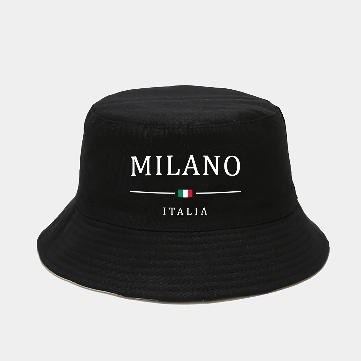 1pc MILANO ITALY Printed Bucket Hat - Lightweight Breathable Sun Hat with Italian Flag Design, Foldable Fisherman Cap for Men & Women, Outdoor Sports Travel, Spring Summer (Black/White), Vacation Headwear