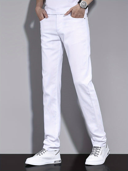 Men's Solid Washed Denim Trousers With Pockets, Causal Cotton Blend Jeans For Outdoor Activities
