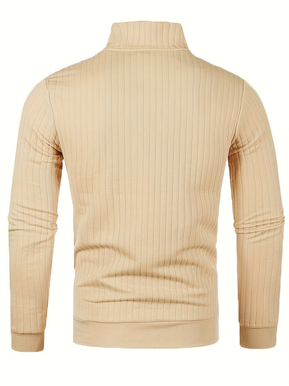 Men'S Casual Polyester Sweater, Solid Color, High Neck Quarter Zip, Long-Sleeved Pullover, Regular Fit, 100% Polyester Knit Fabric, 230g/m² - Fall/Winter Essential