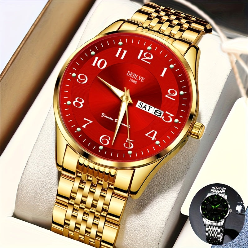 1pc DEBLOVE Men'S Stainless Steel Watch with Red Dial - Date, Calendar, Luminescent Hands & Markers, Quartz Movement, Business Casual Style, Perfect for Travel, Work, and Birthdays, Birthdays Gift|Elegant Watch Design|Quartz