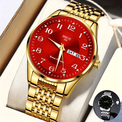 1pc DEBLOVE Men'S Stainless Steel Watch with Red Dial - Date, Calendar, Luminescent Hands & Markers, Quartz Movement, Business Casual Style, Perfect for Travel, Work, and Birthdays, Birthdays Gift|Elegant Watch Design|Quartz