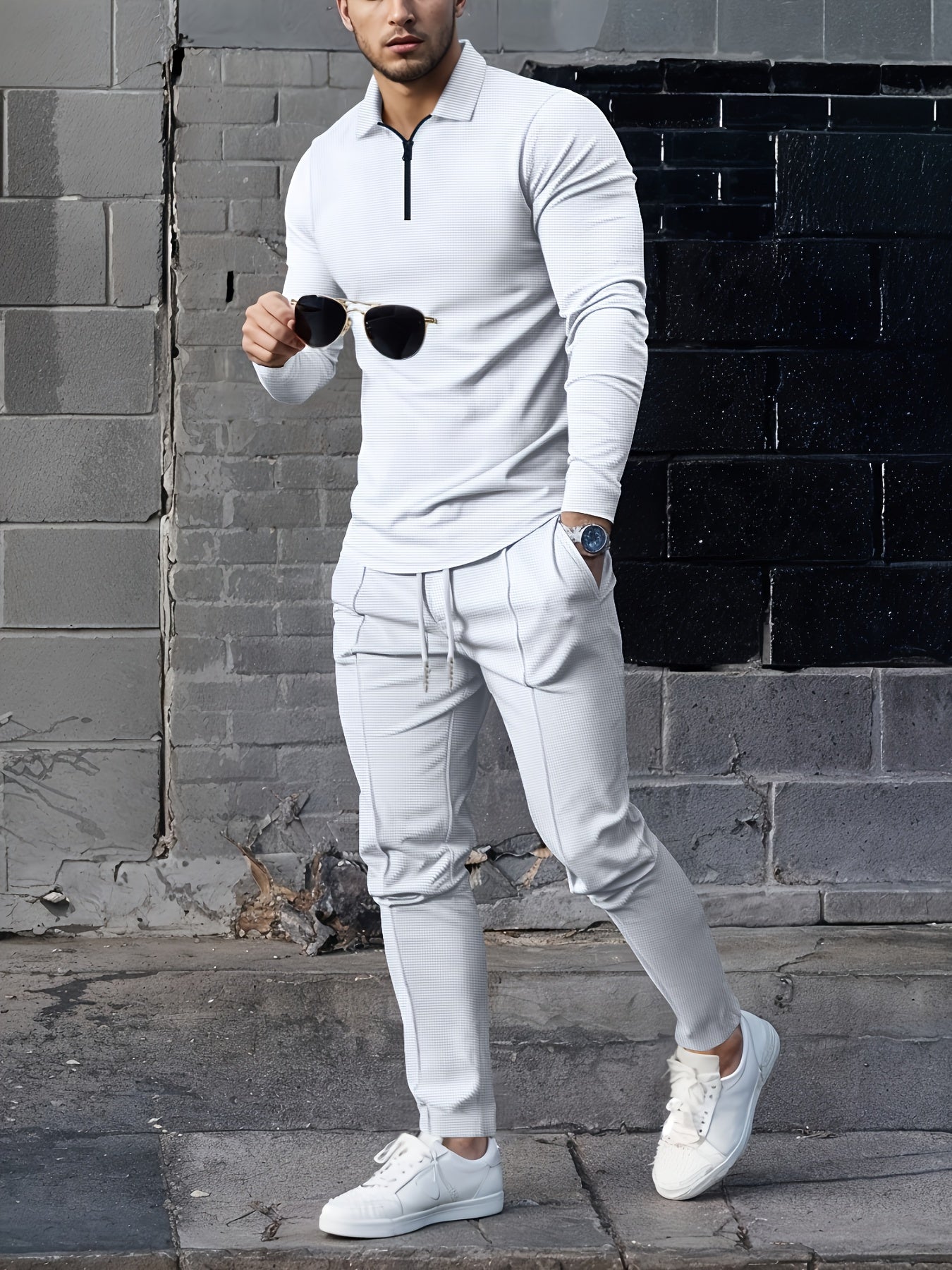 2025 collar half zipper long sleeved two-piece set, collar zipper allows for free breathing, casual pants to wear, knitted fabric is softer, multi color and multi style, Men's solid color is simple and not simple.