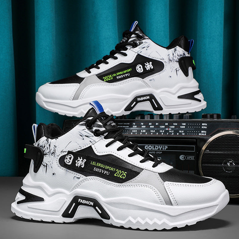 Men's Sneakers - Thick Platform Cushioned Sole, Lace-Up Closure, PU Upper & Non-Slip PVC Outsole - All-Season Gym, Casual, Everyday Sneakers - Black/White Colorway - Affordable Men's Footwear, Casual Walking, Trendy Kicks, Co