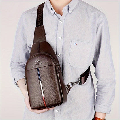 DARWNORO Men's Stylish PU Leather Sling Bag - Casual Shoulder & Crossbody Bag with Zipper Closure, Brown with White & Red Accents, Perfect for Daily Commute, Motorcycle Inspired Design, PU Leather Crossbody Bag