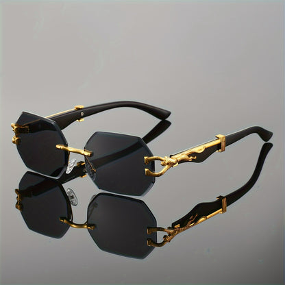 1pc Retro Frameless Glasses for Men & Women, Irregular Shaped PC Lens, Metal Hinge, Climbing Sports, Imitation Wood Grain, Fashionable Decorative Eyewear, Suitable for Daily Wear & Holiday