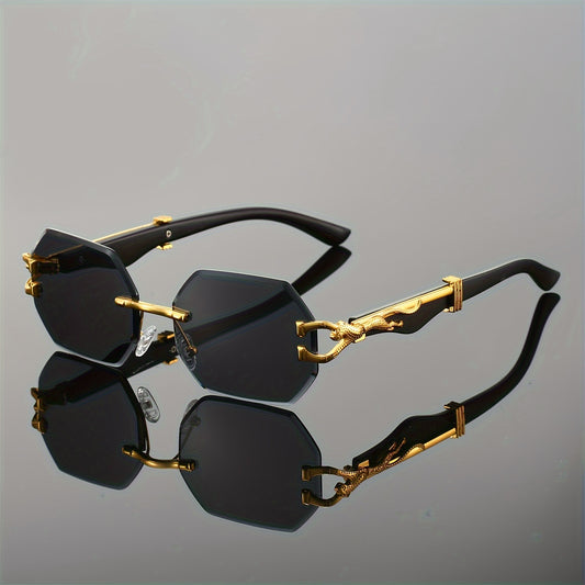 1pc Retro Frameless Glasses for Men & Women, Irregular Shaped PC Lens, Metal Hinge, Climbing Sports, Imitation Wood Grain, Fashionable Decorative Eyewear, Suitable for Daily Wear & Holiday