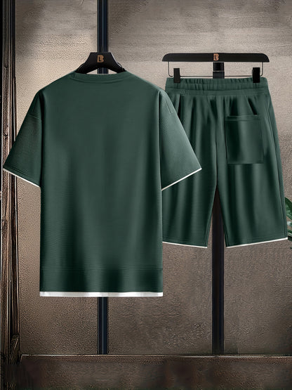 Waffle Grid Men's Trendy Round Neck T-shirt Breathable Casual Sports Suit Loose Two-Piece Set