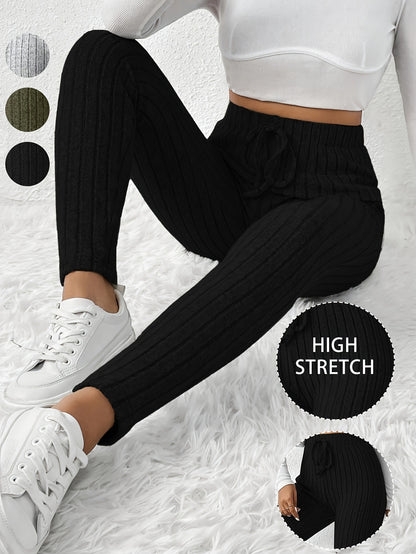 High-Waisted Drawstring Skinny Knitted Pants For Everyday Wear - Solid Color Women's Casual Clothing