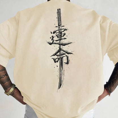 Men'S Japanese Samurai Sword Graphic T-Shirt - Casual Loose Fit Crew Neck, Short Sleeve Tee with Red Stylized Japanese Katanas Design, Breathable Polyester for Spring & Summer Outdoor Wear