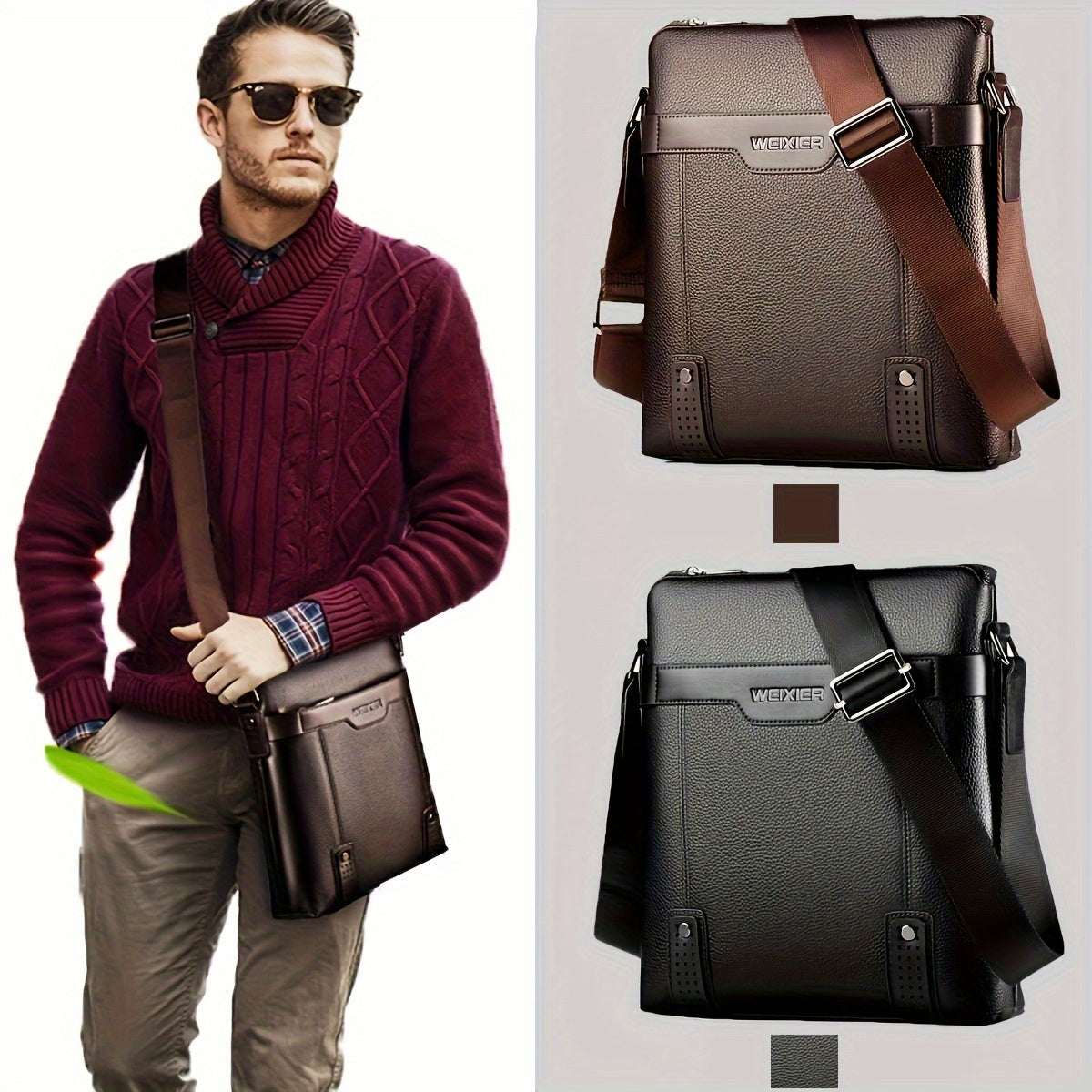 WEIXIER Men's Fashion Crossbody Bag - Adjustable Strap, Faux Leather, Deep Brown | Casual Street Style Shoulder Bag for Outings