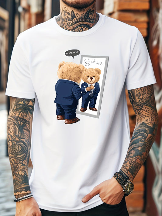 Men's Casual Short-Sleeve T-Shirt with Cool Bear Print - Breathable Polyester Blend, Stretch Fit, Machine Washable - Perfect for Summer, Men's Fashion, Sport