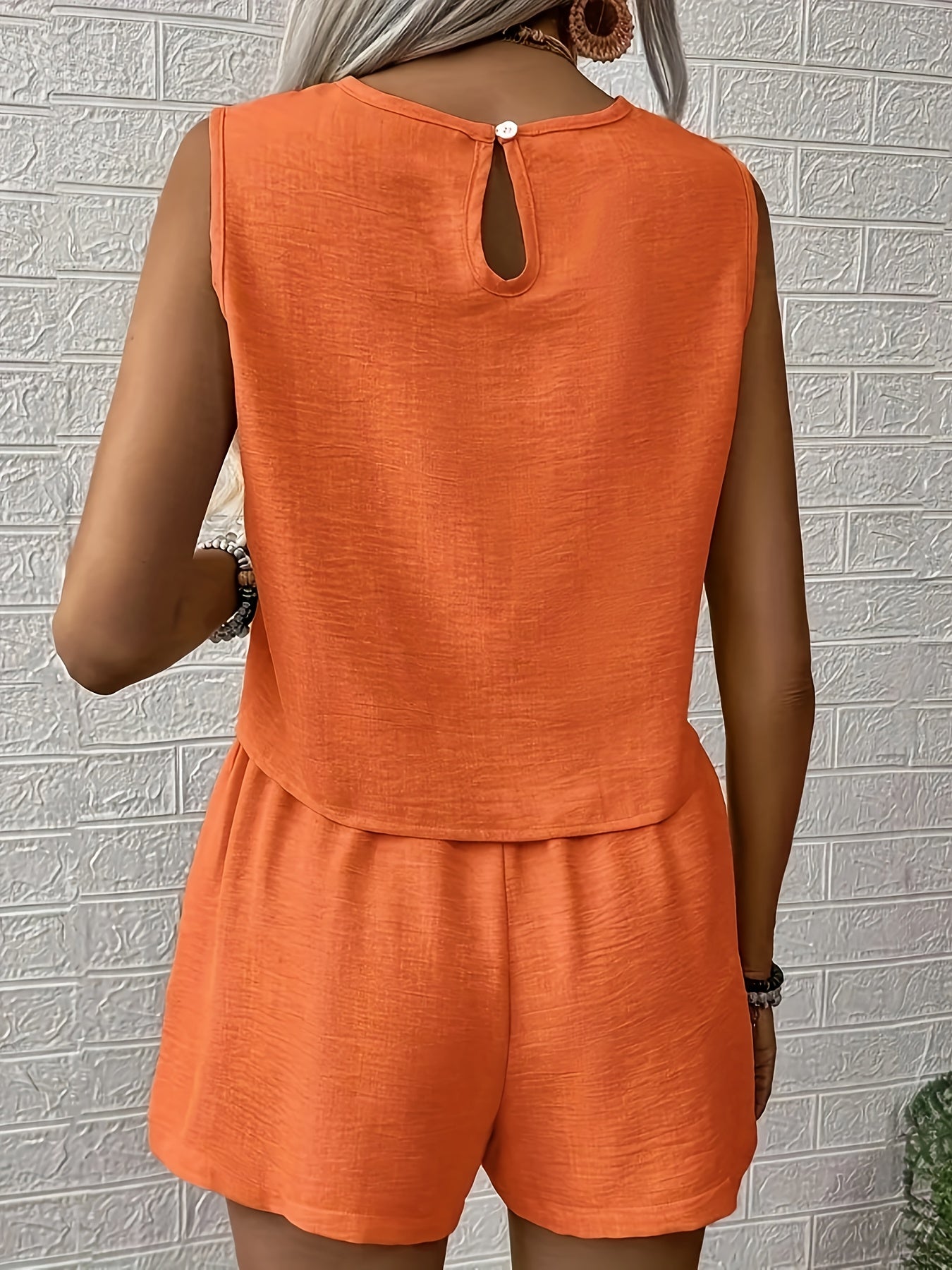 Women's Solid Color Top and Shorts Set, Perfect for Vacation/Leisure Time