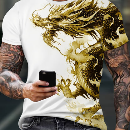Men's Bold Dragon Graphic Tee - Short Sleeve, Crew Neck, Polyester Blend - Perfect for Summer Outings & Casual Wear