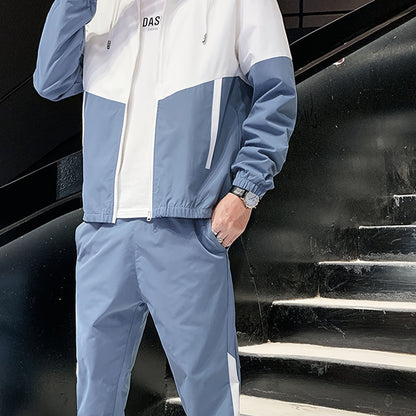Men's Spring Autumn Outdoor Sports Training Casual Color Block Stitched Hoodie Adjustable Set Home Top and Pants Fashionable Windproof Jacket Pants Two-Piece Suit