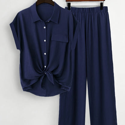 Plus Size, Women's Plus Size Long Sleeve Shirt and Straight Leg Pants Set