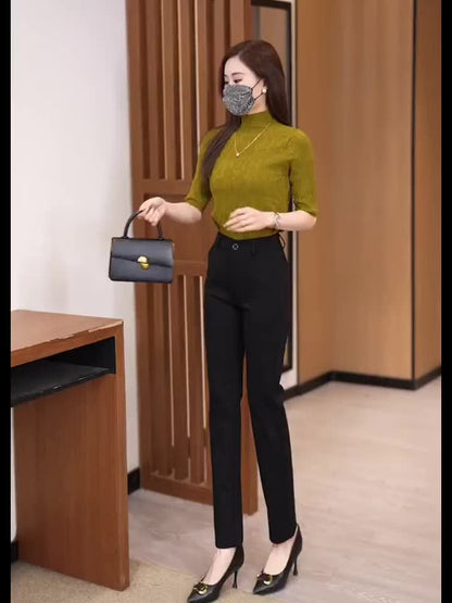 Women's High-Waist Straight-Leg Suit Pants - Navy Blue, Stretchy & Comfortable Nylon Blend, Slim Fit Professional Work Trousers with Pockets, Machine Washable, Versatile for Casual or Office Wear