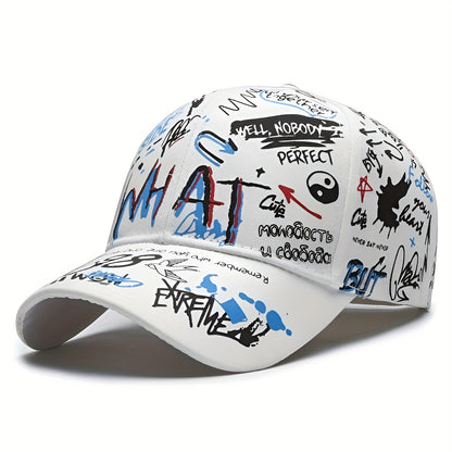 Stylish baseball cap with cool graffiti letter print, hard top, trendy hip-hop design, versatile sun protection hat for both European and American styles, available in 4 colors