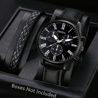 Men's Watch 2pcs/Set Sports Leisure Fashion Digital Round Dial Quartz Watch And PU Woven Wrap Wristband Suitable for Men Party,Holiday,Birthday Wear Or As Brother,The Best Gift for A Man(No Box)