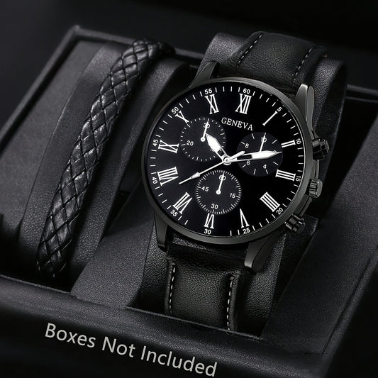 Men's Watch 2pcs/Set Sports Leisure Fashion Digital Round Dial Quartz Watch And PU Woven Wrap Wristband Suitable for Men Party,Holiday,Birthday Wear Or As Brother,The Best Gift for A Man(No Box)
