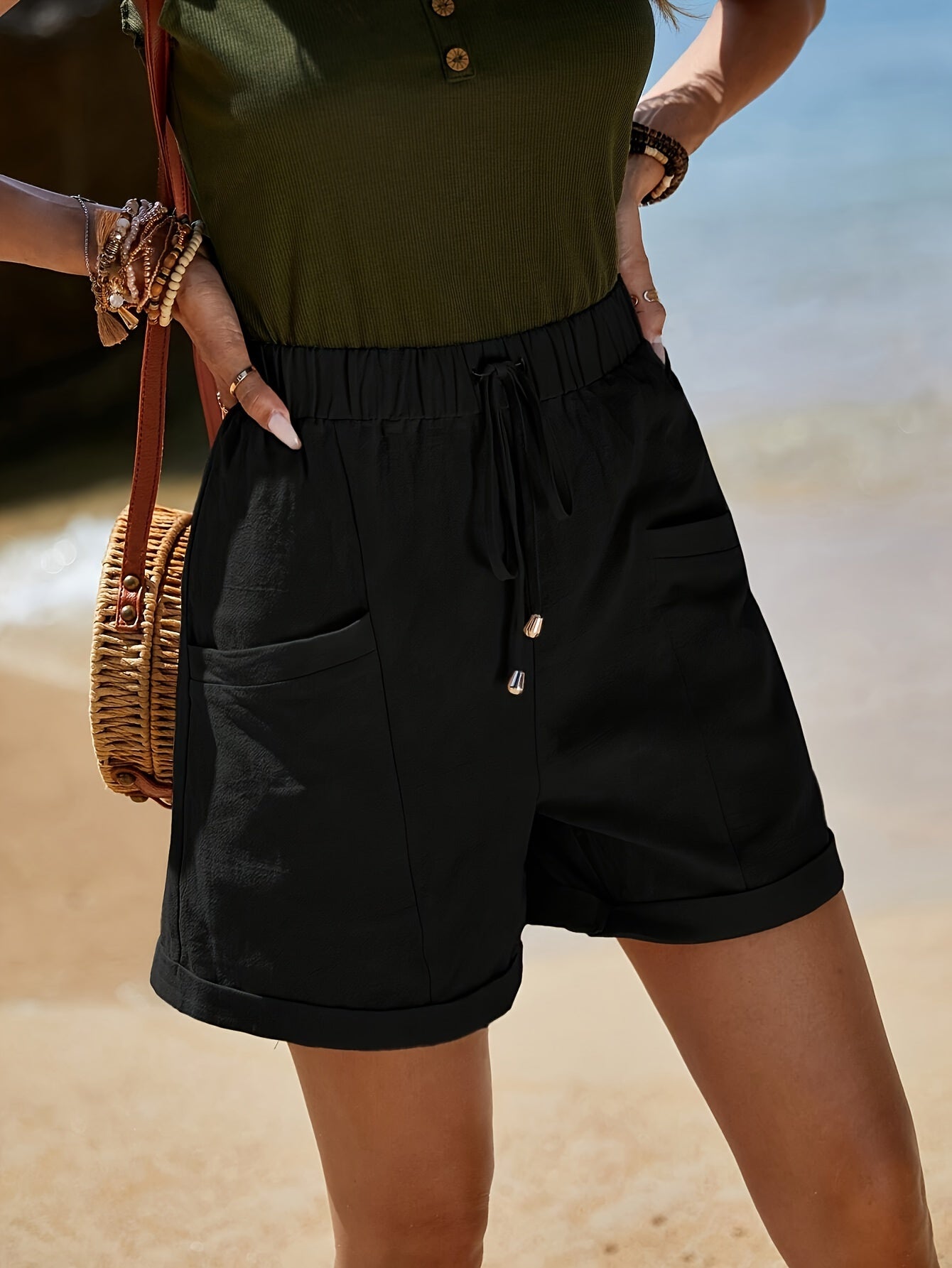 Dual Pockets High Waist Loose Shorts, Casual Elastic Waist Tied Shorts For Spring & Summer, Women's Clothing