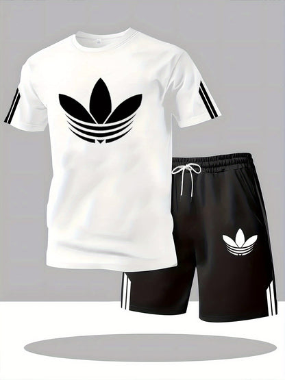 ADIDA Letter Set Short Sleeve + Shorts Two-Piece Men's Fashion Casual Round Neck T-Shirt Outfit, European Style Trendy Short Sleeve Set