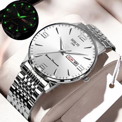 DEBLVE Men's Sleek Business Watch - Ultra-Thin Alloy, Luminous Hands, Calendar & Week Display, Waterproof, Sporty Steel Strap with Secure Clasp