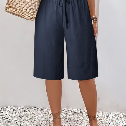 Women's Casual Solid Color Shorts with Faux Drawstring, Polyester, Machine Washable - All Seasons, Beach Pants, Leisure Style, ALL/Global/All