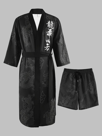 Men'S Dragon Dance Square Dragon Print Robe and Shorts Set - Casual V-Neck, Non-Stretch Polyester Home Wear with Belt Detail, Regular Fit